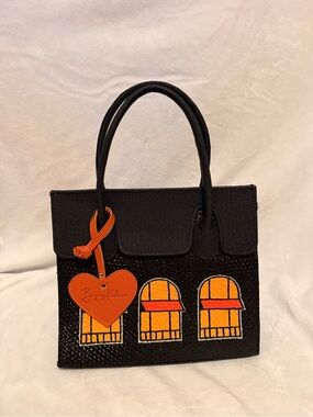 Black Shoulder Bag with Orange Heart Tag and Window Motif
